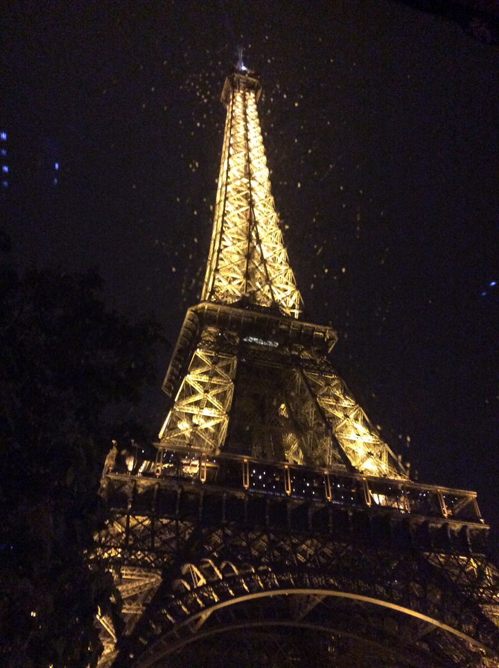 Night view of the illuminated Eiffel Tower in the rain.