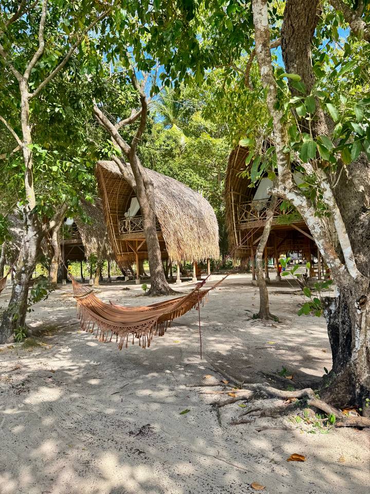Bamboo huts and a hammock in a shaded forest area.