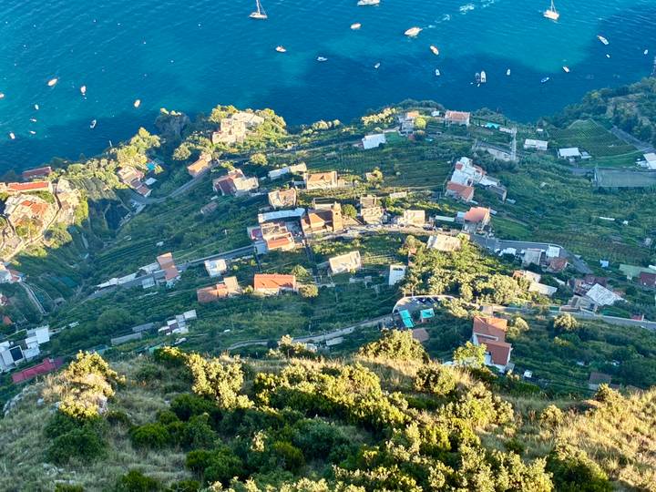 Aerial view of a coastal town with gardens and buildings.