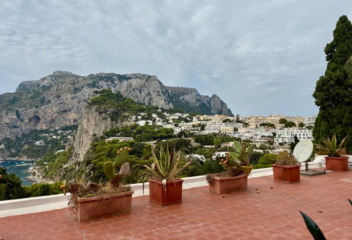 Hillside village with white buildings and a mountain backdrop.