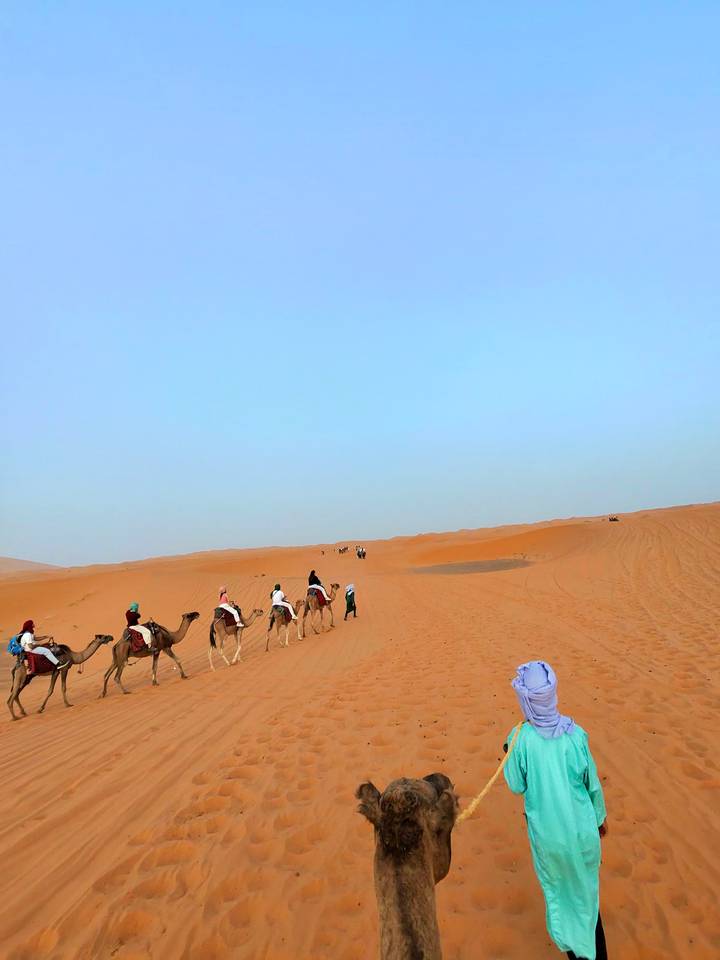 Caravane de chameaux traversant un vaste paysage désertique.