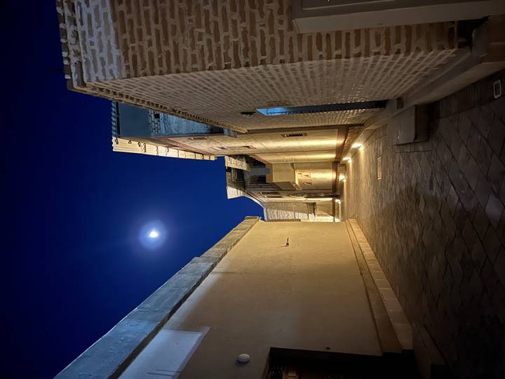 Ruelle étroite pavée la nuit au clair de lune.