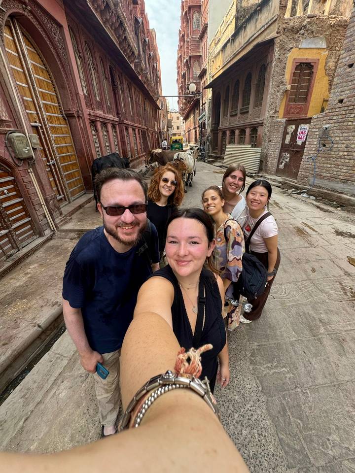Un selfie de groupe dans une rue avec des vaches qui passent.