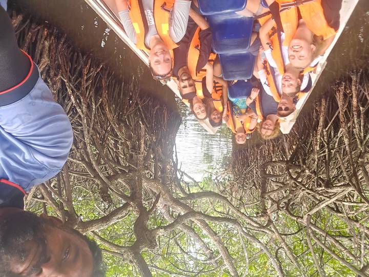 Groupe de personnes dans un bateau entouré d'eau et de palétuviers.