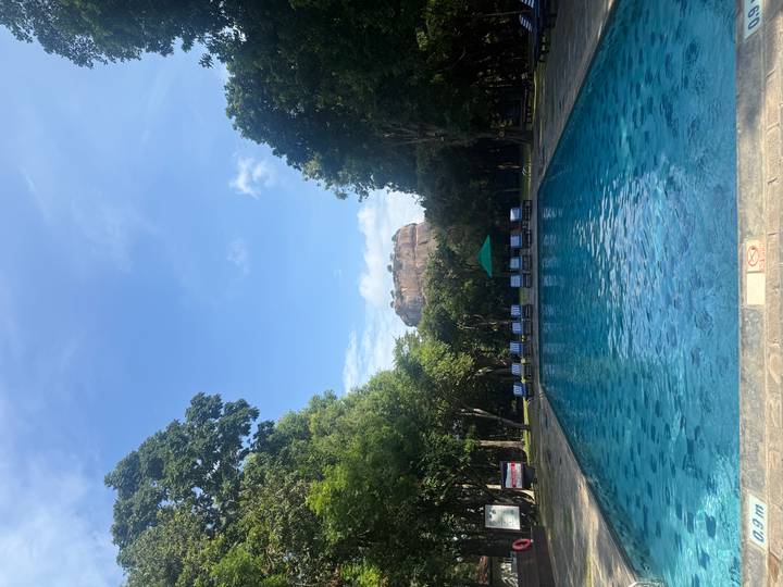 Piscine avec le rocher de Sigiriya en arrière-plan entouré d'arbres luxuriants.
