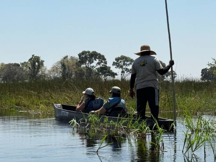 Deux personnes dans un canoë entourées de roseaux.