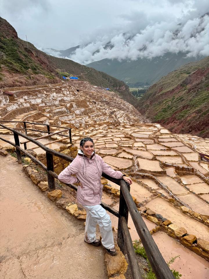 Personne aux bassins de sel en terrasses dans une vallée.