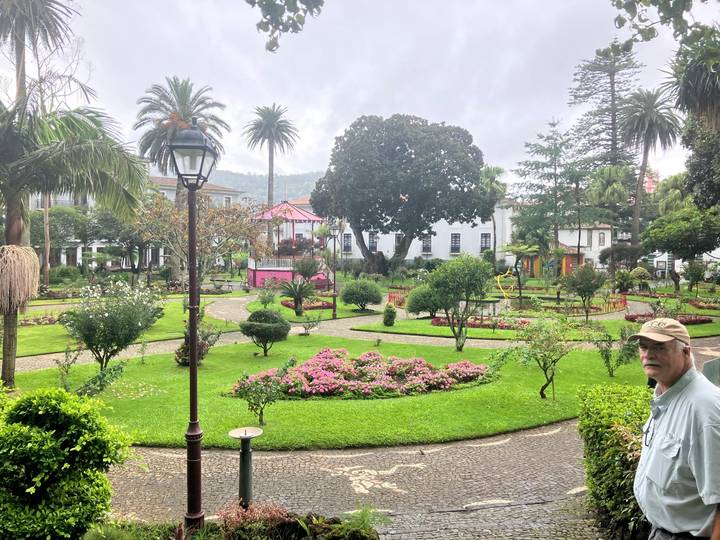 Person standing in a lush garden with various plants and flowers.