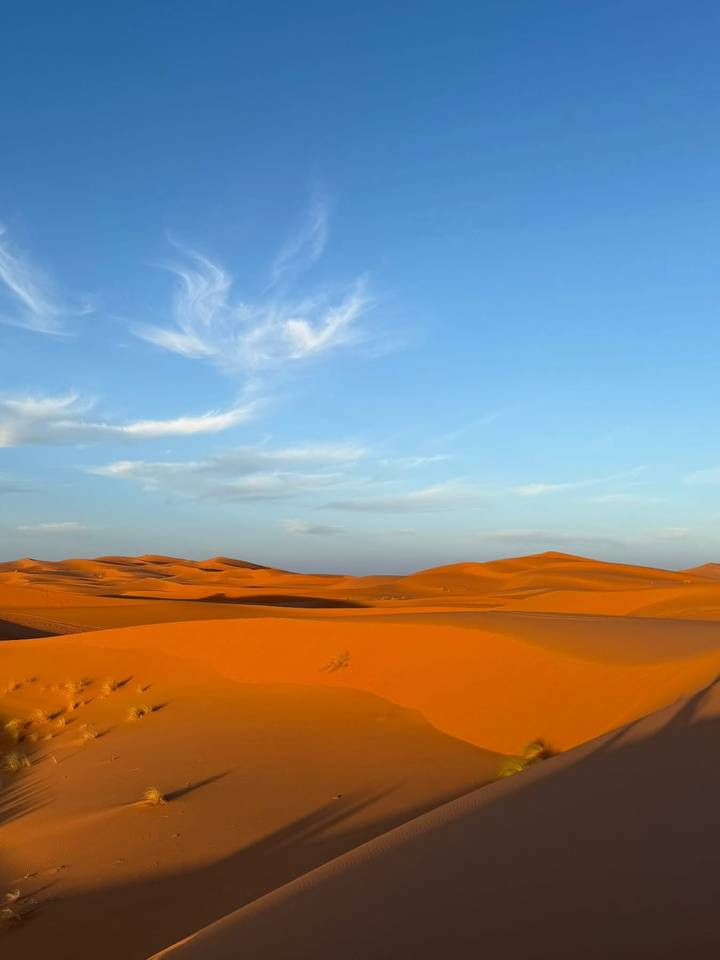 Vaste paysage désertique avec des dunes de sable orange et un ciel bleu