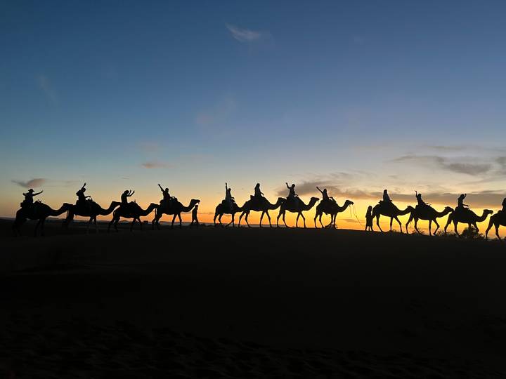 Silhouettes de personnes montant des chameaux contre un horizon de coucher de soleil époustouflant.