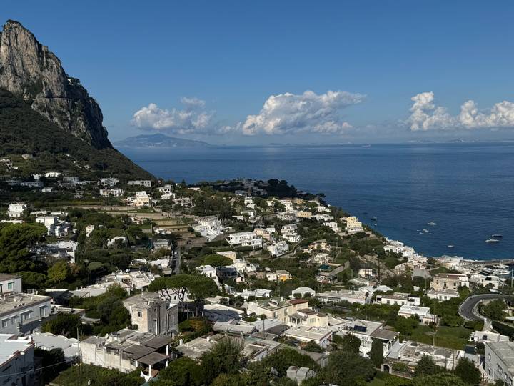 Vue aérienne de Capri côtière avec collines et mer.