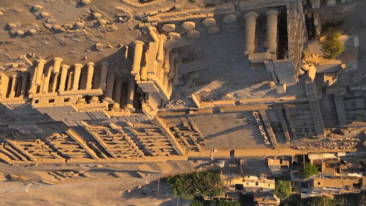 Aerial view of ancient Egyptian temple ruins.