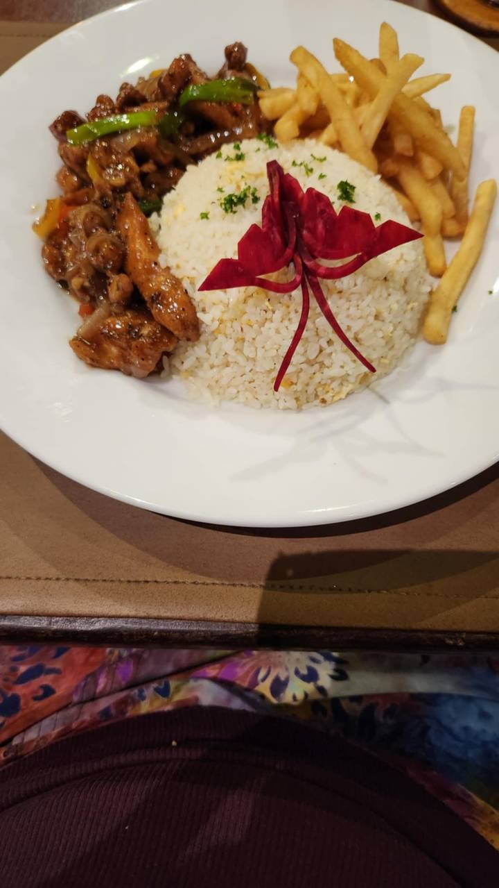 Gros plan d'un plat avec du riz et de la viande dans une assiette.