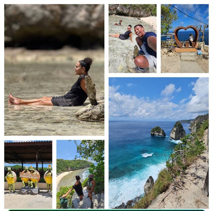 Collage de détente à la plage et vues côtières.