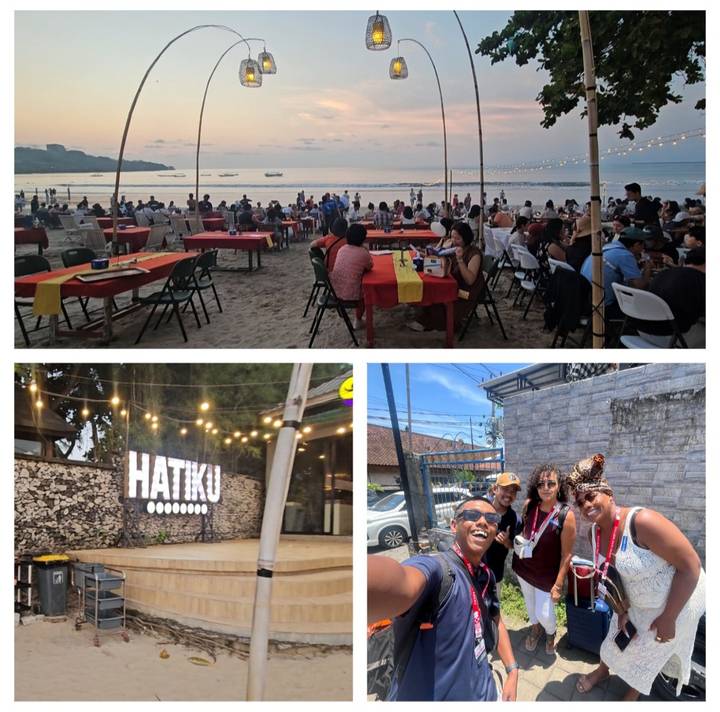 Collage de repas au bord de mer et de plaisir en groupe.