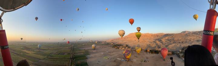 De nombreuses montgolfières au-dessus d'un paysage désertique avec des champs verts.