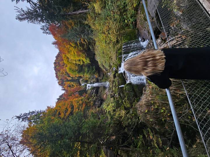 Persoon die een waterval observeert omringd door herfstbladeren.