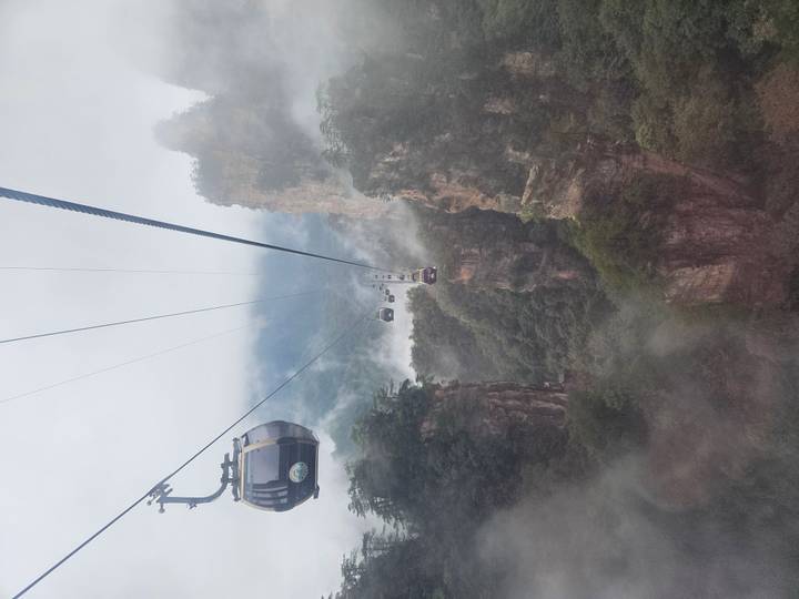 Cable cars moving over a mountainous, foggy landscape.
