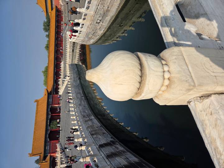 Inside view of the Forbidden City with a canal and buildings.