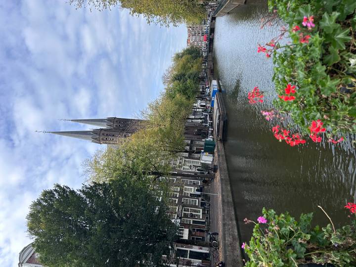 Hohe Kirchtürme neben einem Kanal mit Blumen im Vordergrund.