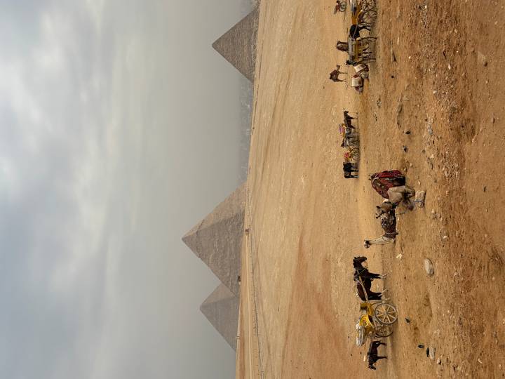Pyramiden mit Kamelen, die im Vordergrund ruhen.