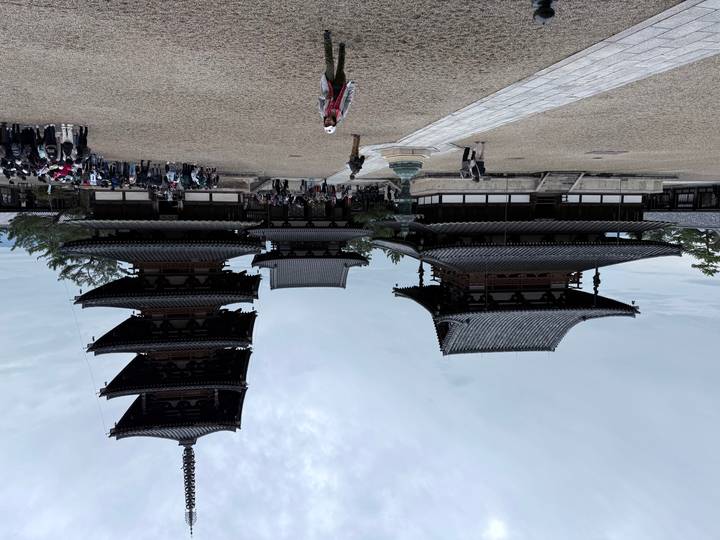 Historical temple grounds with tourists in Nara.