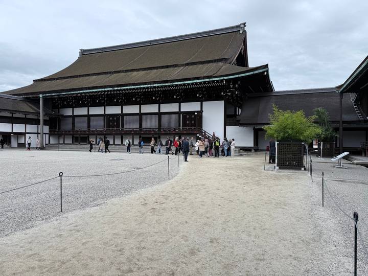 Group of tourists outside a historic building in Kyoto.