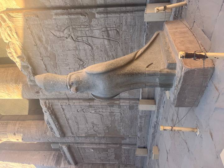 Estatua antigua de un halcón dentro de un templo.