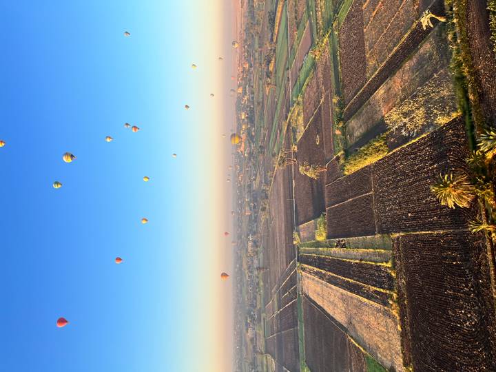 Numerosos globos aerostáticos sobre un paisaje.