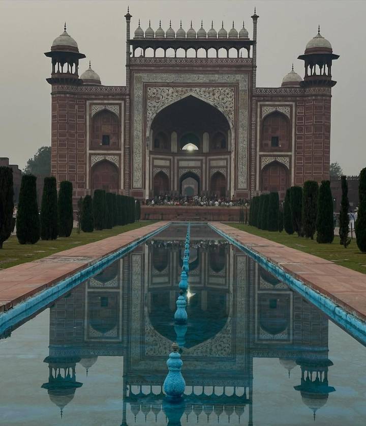 Entrance to the Taj Mahal complex with reflecting pool.