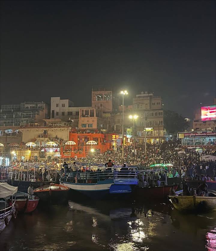 Crowded night scene at the ghats in Varanasi.