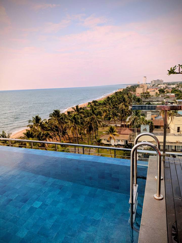 Piscina infinita con vista a una costa con palmeras.