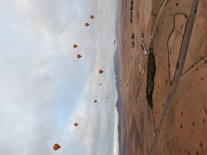 Een lucht gevuld met heteluchtballonnen boven een woestijnlandschap.
