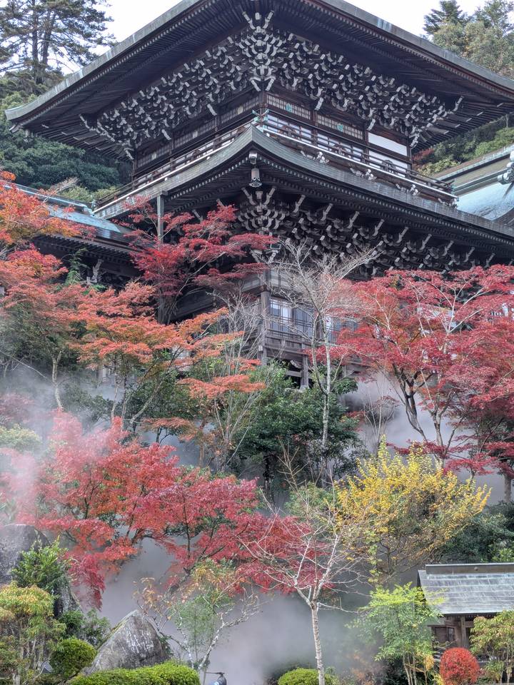 Templo rodeado de follaje otoñal con niebla.