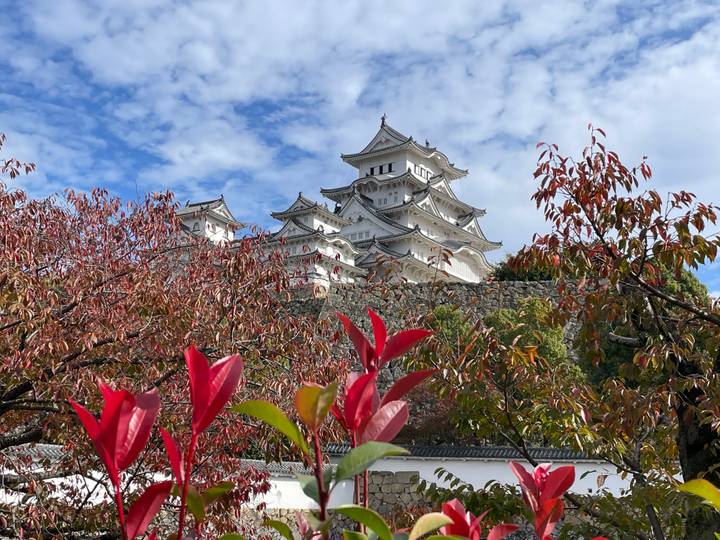 Castillo de Himeji con un primer plano otoñal vibrante y colorido.