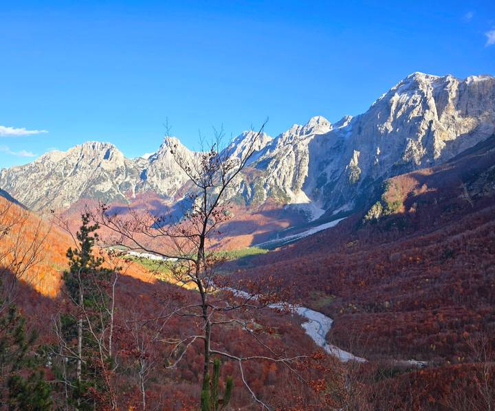 Vast mountain landscape with autumn foliage.