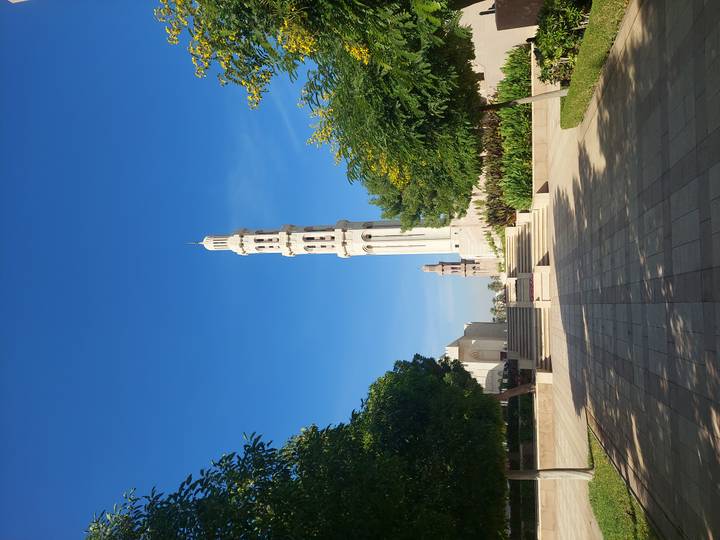 Elegante minarete de mezquita con árboles y cielo despejado.