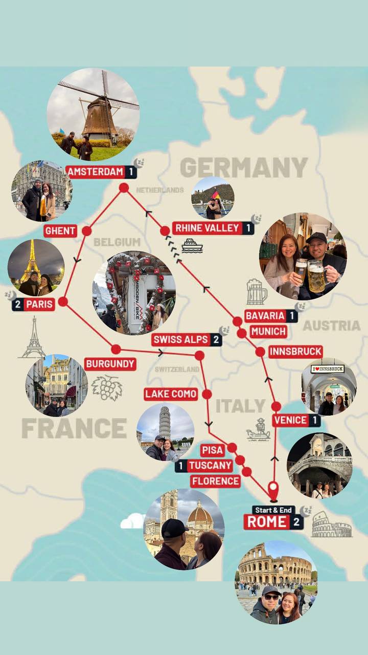 Map showing a tour itinerary with inset photos of locations.