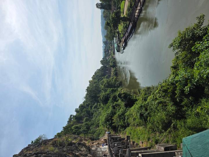 Flussblick mit üppigem Grün und Booten an einem sonnigen Tag.