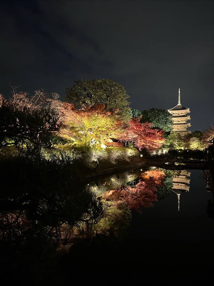Pagode illuminée et arbres d'automne se reflétant dans l'eau la nuit.