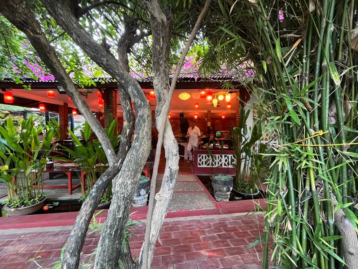 Restaurantingang met rode lantaarns en bamboe decoratie.