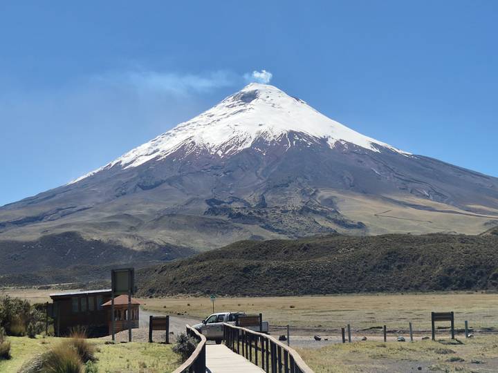 Cotopaxi-vulkaan met een besneeuwde top onder een heldere hemel.