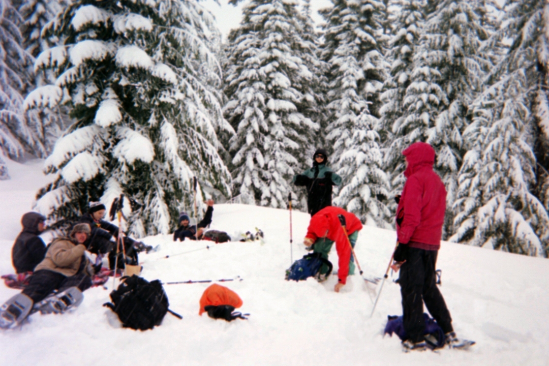 Groupe de personnes se reposant dans la neige au milieu des arbres.