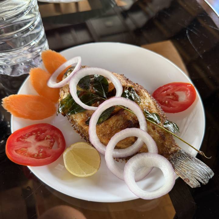 Gros plan d'un poisson frit dressé avec des garnitures.