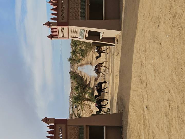 Caravan of camels in desert landscape with archway.