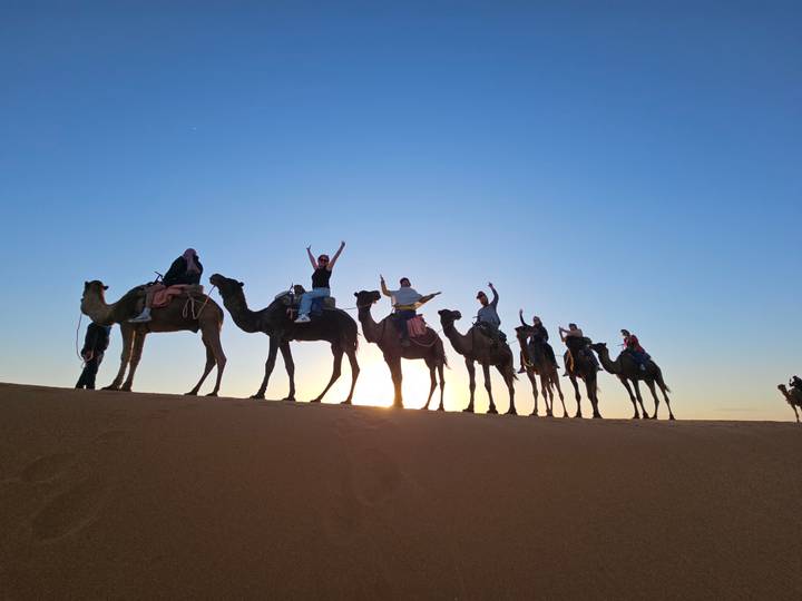 Group of people riding camels in the desert at sunset.