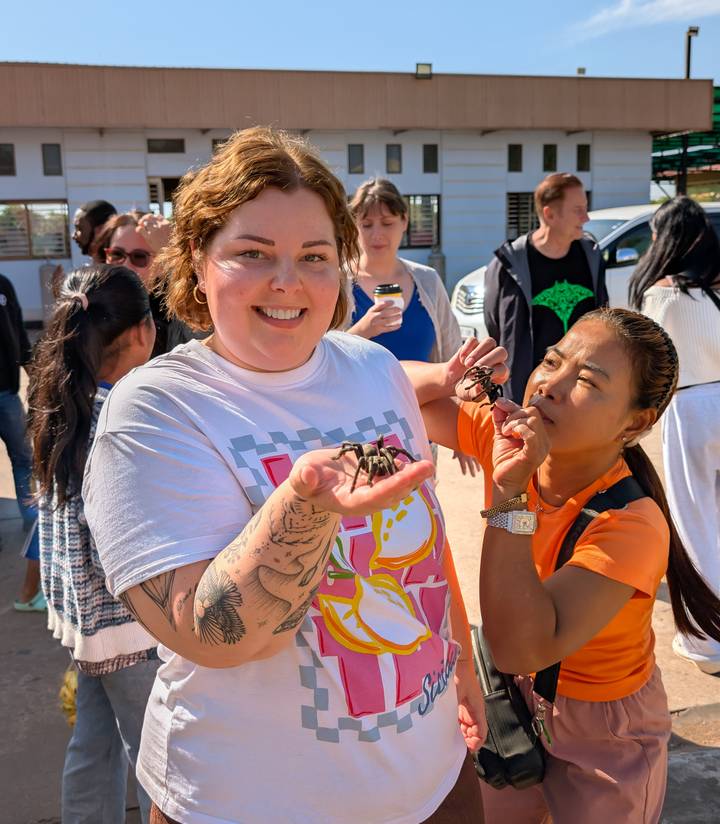 Un grupo de personas sosteniendo e interactuando con tarántulas.