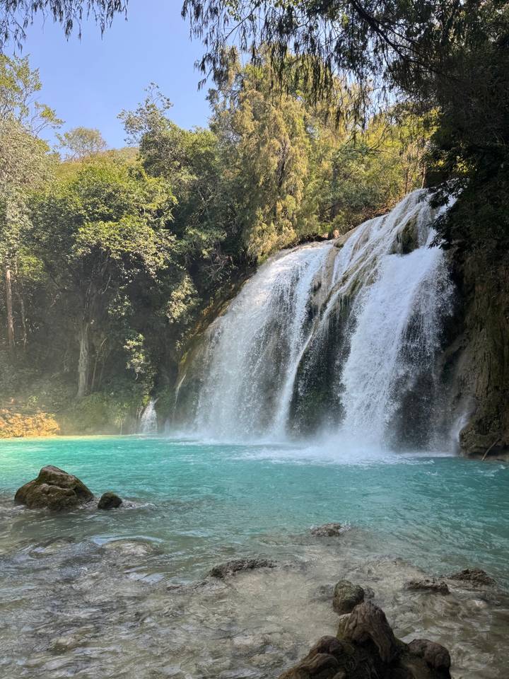 Waterfall flowing into a turquoise pool surrounded by greenery.