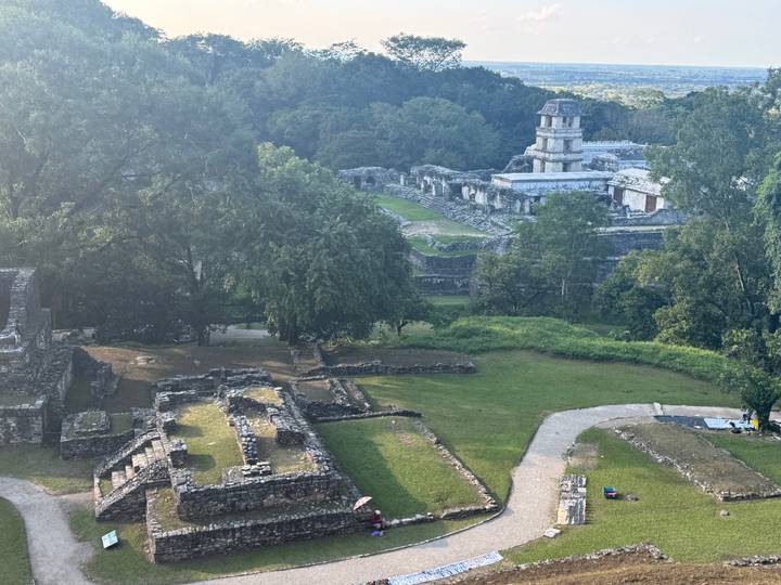 Ancient ruins surrounded by greenery, seen from above.