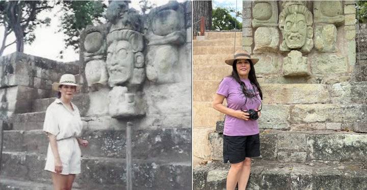 Deux femmes posant avec d'anciennes ruines mayas en arrière-plan.